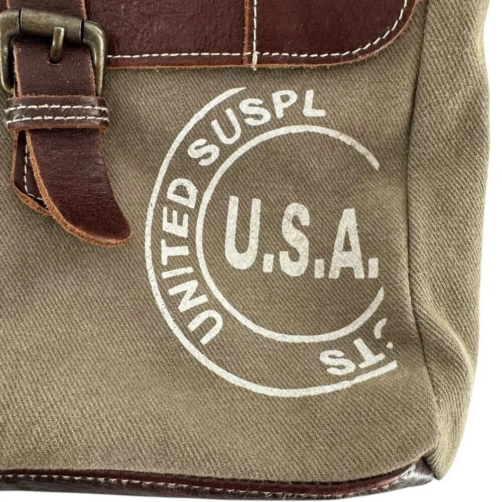 Myra Bag Sage Green Canvas and Brown Leather Messenger Tote Crossbody Bag - Picture 4 of 9